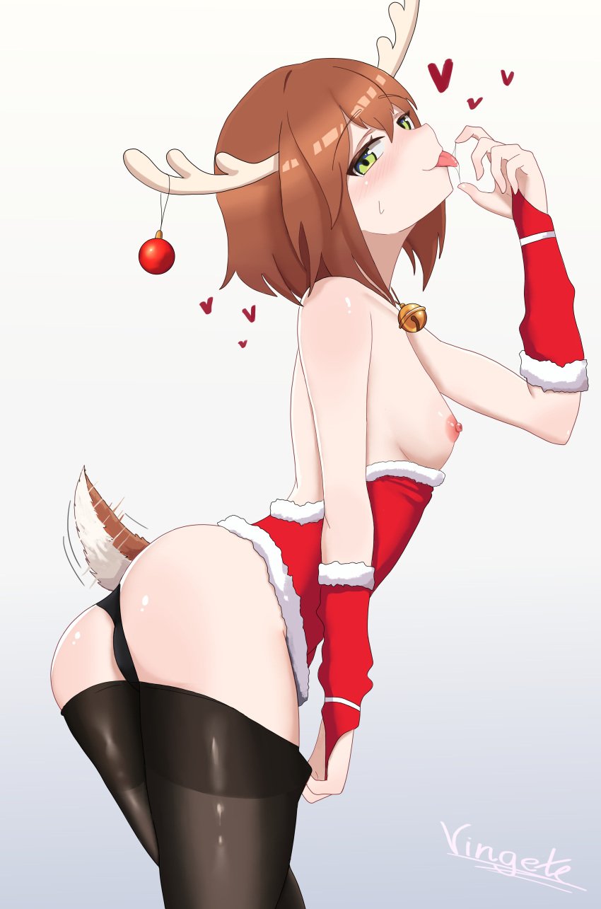 1girls ass bell bell_accessory black_panties blush brown_hair christmas christmas_outfit deer_girl deer_horns deer_tail green_eyes heart horny horny_female looking_at_viewer my_deer_friend_nokotan nipples panties saliva saliva_trail shikanoko_noko shikanoko_nokonoko_koshitantan small_breasts tail tongue tongue_out undressing vingete wagging_tail