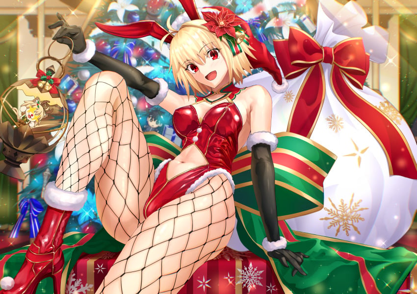 :d ahoge animal_ears arcueid_brunestud ass bare_shoulders blonde_hair breasts butt christmas elbow_gloves female fishnets gift gloves hair_ornament harukey highres huge_breasts large_breasts leotard melty_blood midriff neco-arc open_mouth pine_tree playboy_bunny rabbit_ears red_eyes red_footwear red_leotard ribbon short_hair smile solo tree tsukihime tsukihime_(remake) type-moon vampire vampire_girl