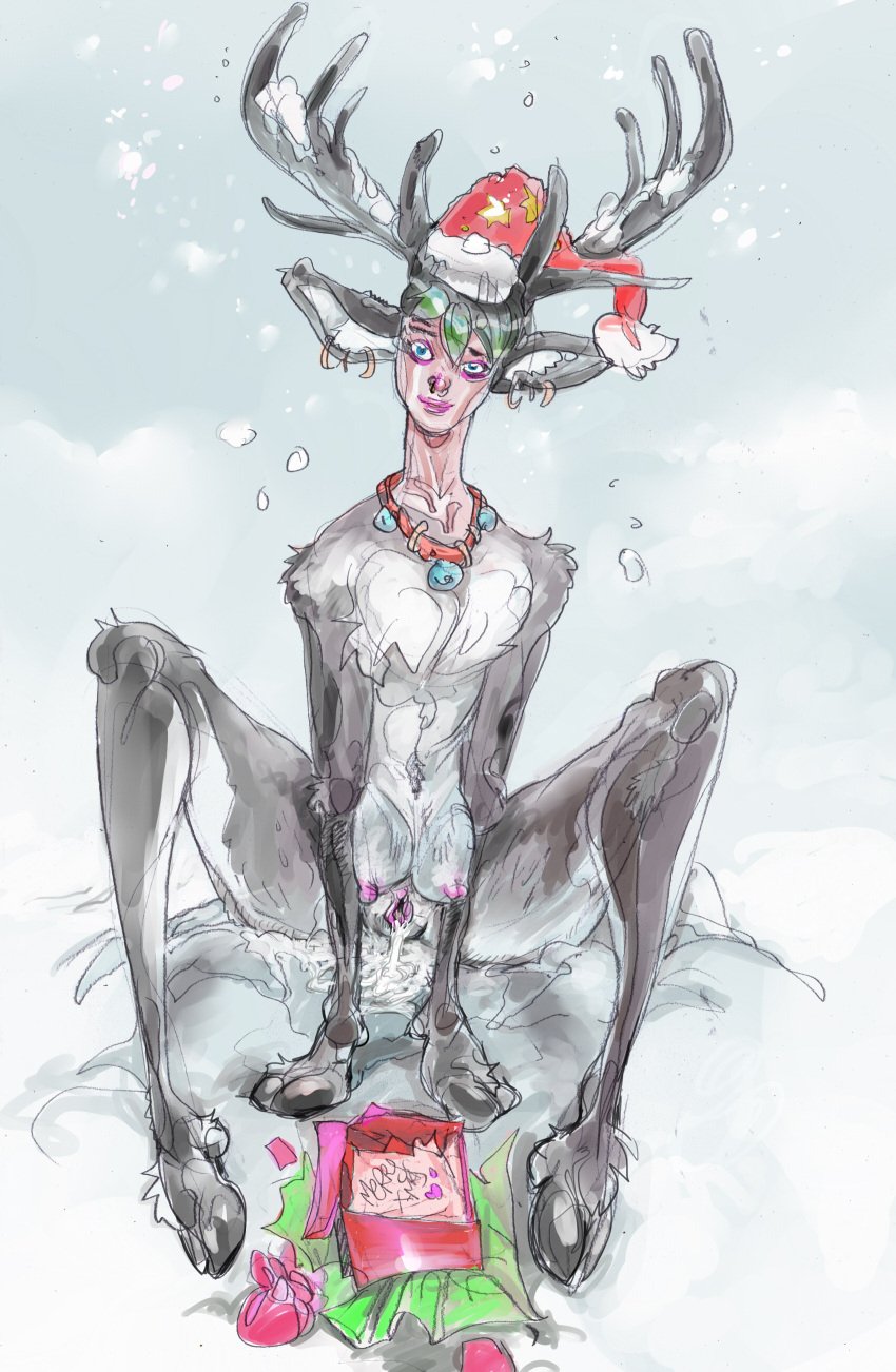 absurd_res alternative_fashion antlers bell bodily_fluids breasts cervine christmas crotch_breasts cum deer deer_ears female feral fur genital_fluids genitals gift hi_res holidays hooves horn jingle_bell mamabliss mammal new_world_deer orgasm punk pussy reindeer sleigh snow solo transformation zoophilia