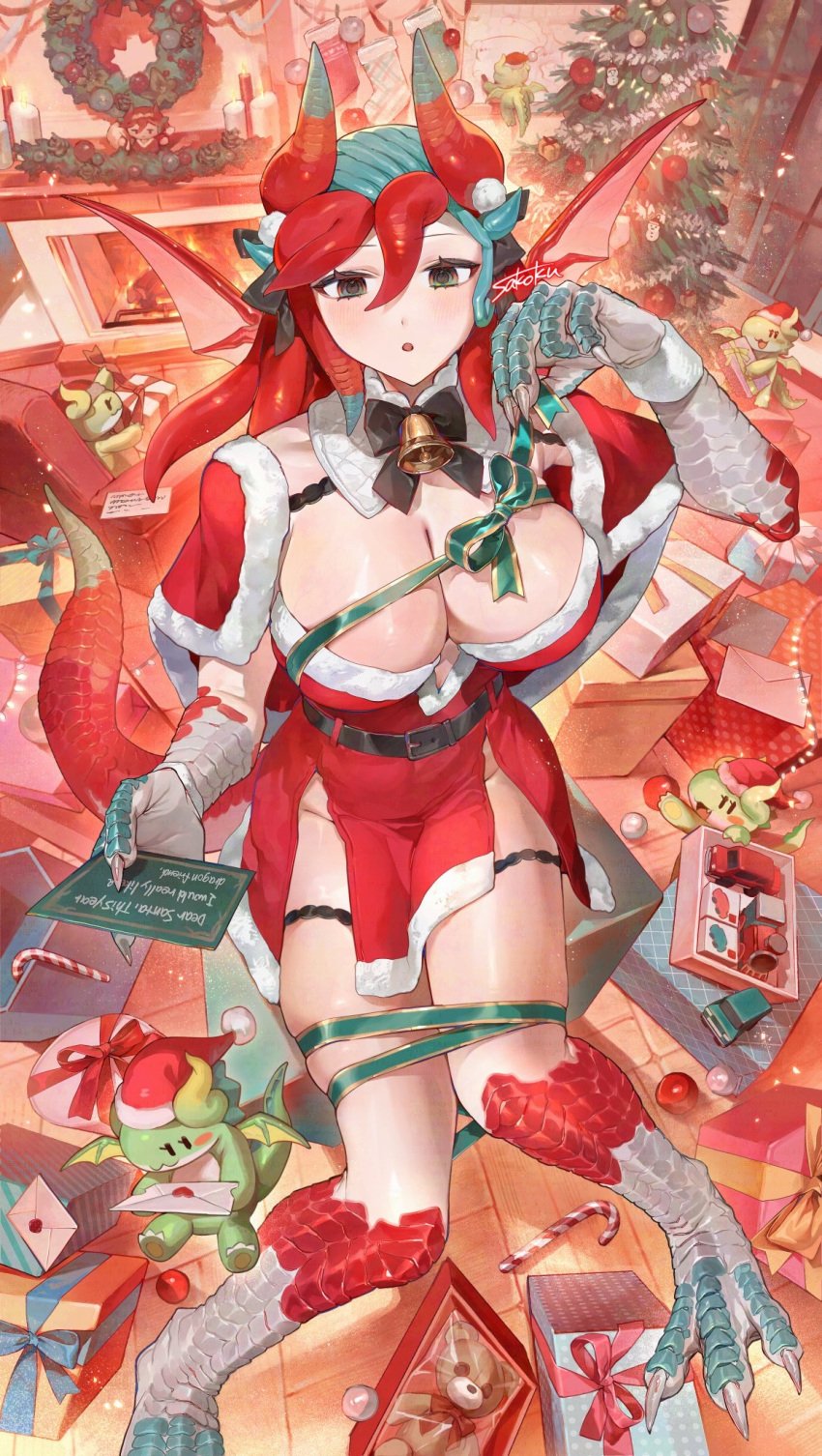 1girls big_breasts christmas dragon green_eyes green_hair horns huge_breasts huge_thighs humanoid long_hair red_eyes red_hair ribbon sakoku santa_costume shin_(sakoku) stuffed_toy thighs