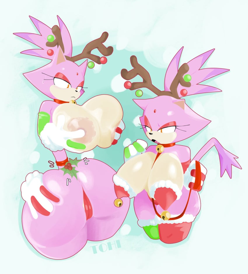 anthro anthro_only ass_focus bare_breasts bell_collar big_areola big_breasts big_nipples blaze_the_cat breast_pump christmas collar female_focus furry_female gigantic_ass grabbing_own_ass holding_breast huge_breasts massive_breasts milkers panties pump pussy_lips sonic_(series) sonic_the_hedgehog_(idw) sonic_the_hedgehog_(series) theonehornedimp thighhighs