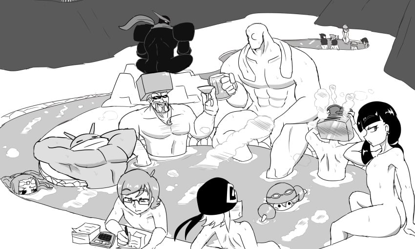 /ctt/ 6+boys casual casual_nudity console-tan digger_nick faceless_character faceless_male featureless_face gijinka hot_spring humanization humanized mac-tan male monochrome muscular_male onsen outdoors partially_submerged pc-tan shared_bathing steam_censor steam_deck-tan uninterested