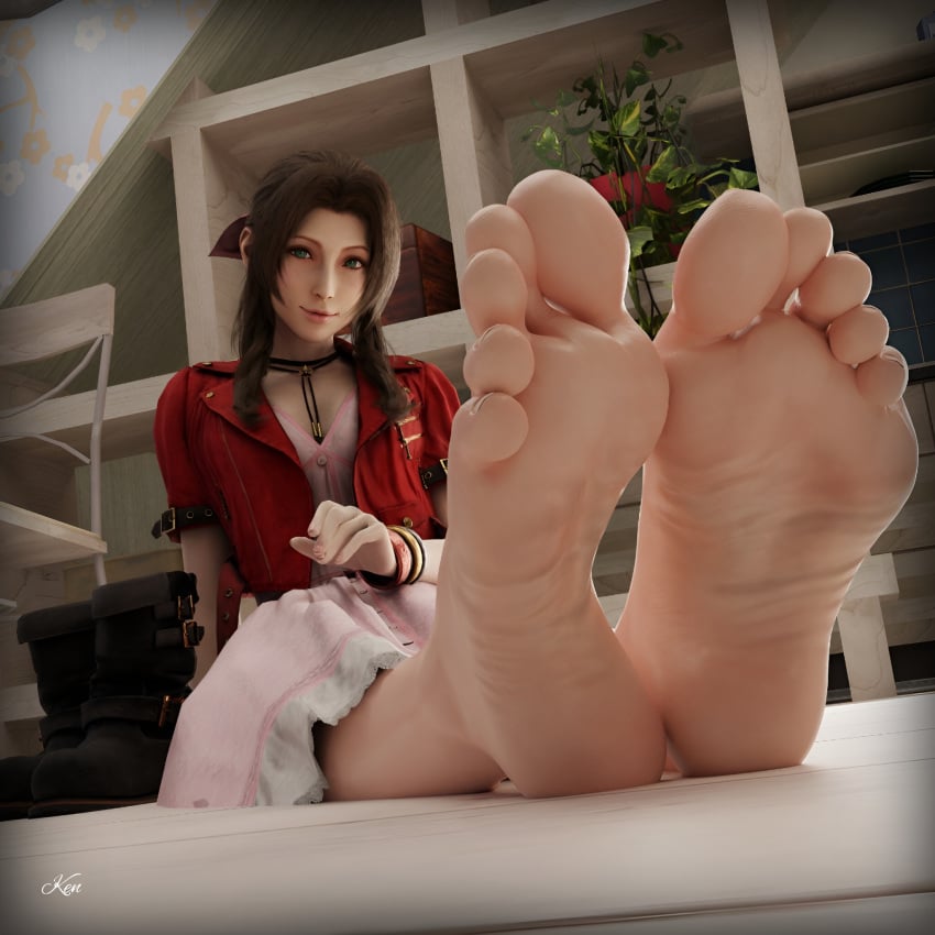 1girl aerith_gainsborough barefoot boots_removed feet female female_focus final_fantasy final_fantasy_vii final_fantasy_vii_rebirth final_fantasy_vii_remake foot_fetish foot_focus kenaga kenuwu presenting_penis soles soles_female soles_fetish square_enix toes