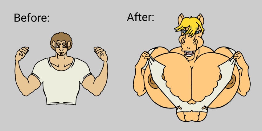 horse hyper_breasts male_to_female mtf_transformation perky_nipples ripping_clothing shirt_rip tearing_open_top transformation