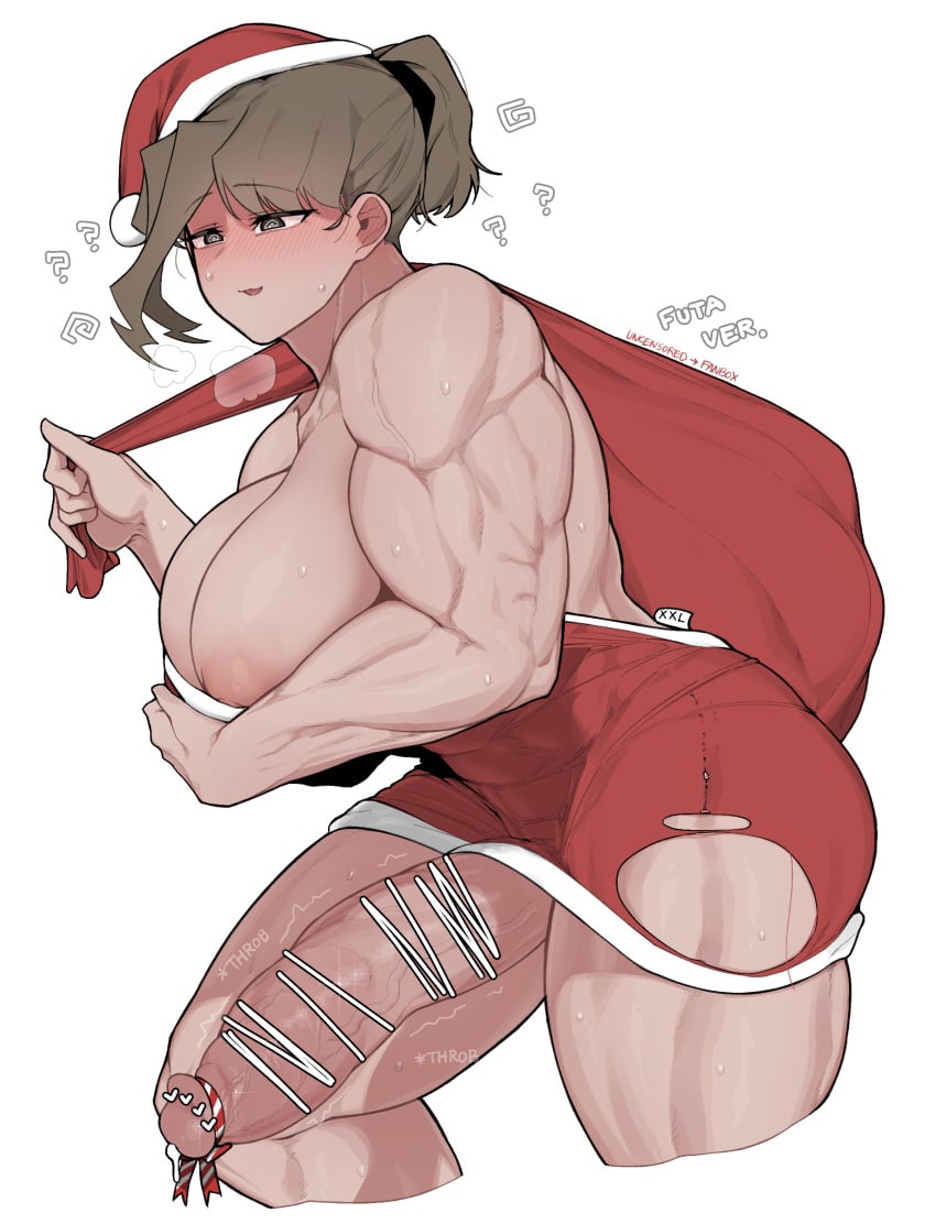 1futa ? absurdres antlers blush breasts dress english_text female futanari gag geumgang_(odd_snail) hat highres holding holding_sack horns huge_cock large_breasts large_penis light-skinned_futanari light_skin multiple_girls muscular muscular_futanari oddsnail original penis reindeer_antlers sack santa_costume santa_hat signature snail solo standing sweat thick_thighs thighs throbbing_penis tight_clothes tight_dress torn_clothes veins veiny_arms veiny_penis white_background