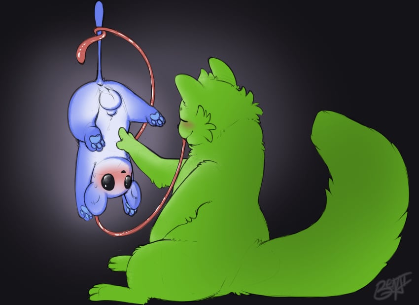 ambiguous_gender animal_genitalia anus balls benji_(artist) blue_body blush duo fur genitals glowing glowing_body green_body green_fur hi_res lantern_mouse_(rain_world) lifted lifted_by_tail male pawpads rain_world saint_(rain_world) sheath size_difference slugcat tail tongue upside-down videocult