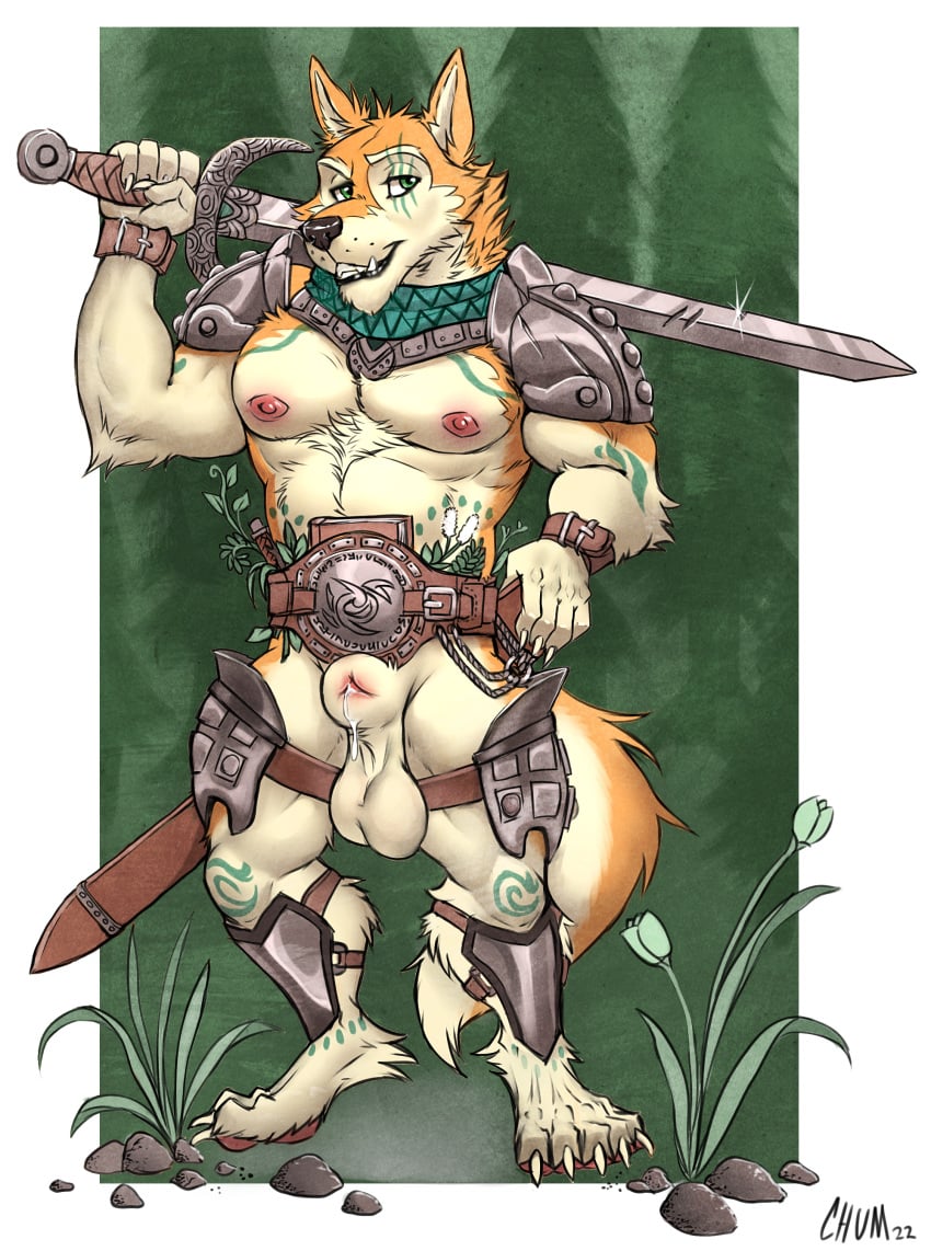 absurd_res animal_genitalia anthro armor balls belt blue_eyes bodily_fluids canid canine canine_genitalia canis chumbasket claws dazed_(saltysteakk) digitigrade dingo fur fur_markings genital_fluids genitals hi_res male mammal markings nude sheath smile smiling_at_viewer smirk smirking_at_viewer solo tan_body tan_fur teeth unconvincing_armor weapon