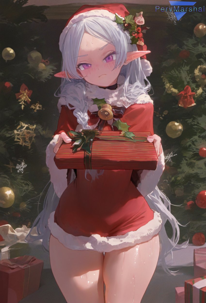 1girls ai_generated blush christmas christmas_clothing christmas_outfit elf elf_ears elf_female female female_focus female_only frieren frieren_beyond_journey&#039;s_end marshalperv pervmarshal purple_eyes silver_hair small_breasts solo solo_female solo_focus sweat sweating tagme tagme_(artist) thick_thighs wide_hips xmas