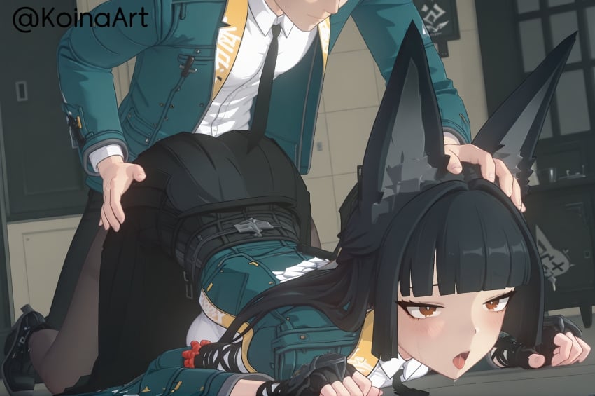 ai_generated ass ass_grab ass_up black_hair body_blush brown_eyes female fox_girl from_behind head_grab hoshimi_miyabi koinaart lying_on_stomach on_floor pinned sex shirt skirt stable_diffusion vaginal_sex zenless_zone_zero