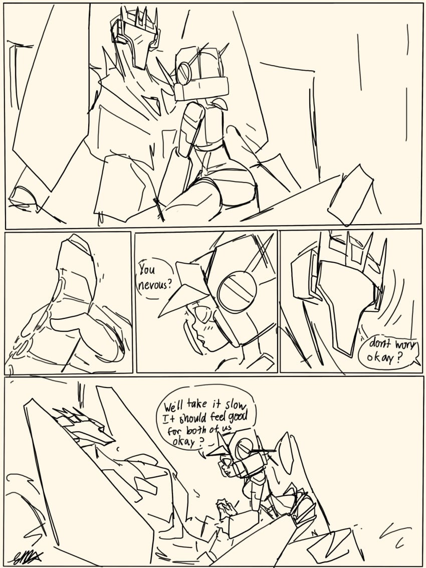 bigger_male comic_panel getting_ready hand_on_penis imminent_sex size_difference sketch smaller_female soundblaster soundblaster_(oc) sparkplug star-the-skeleton transformers