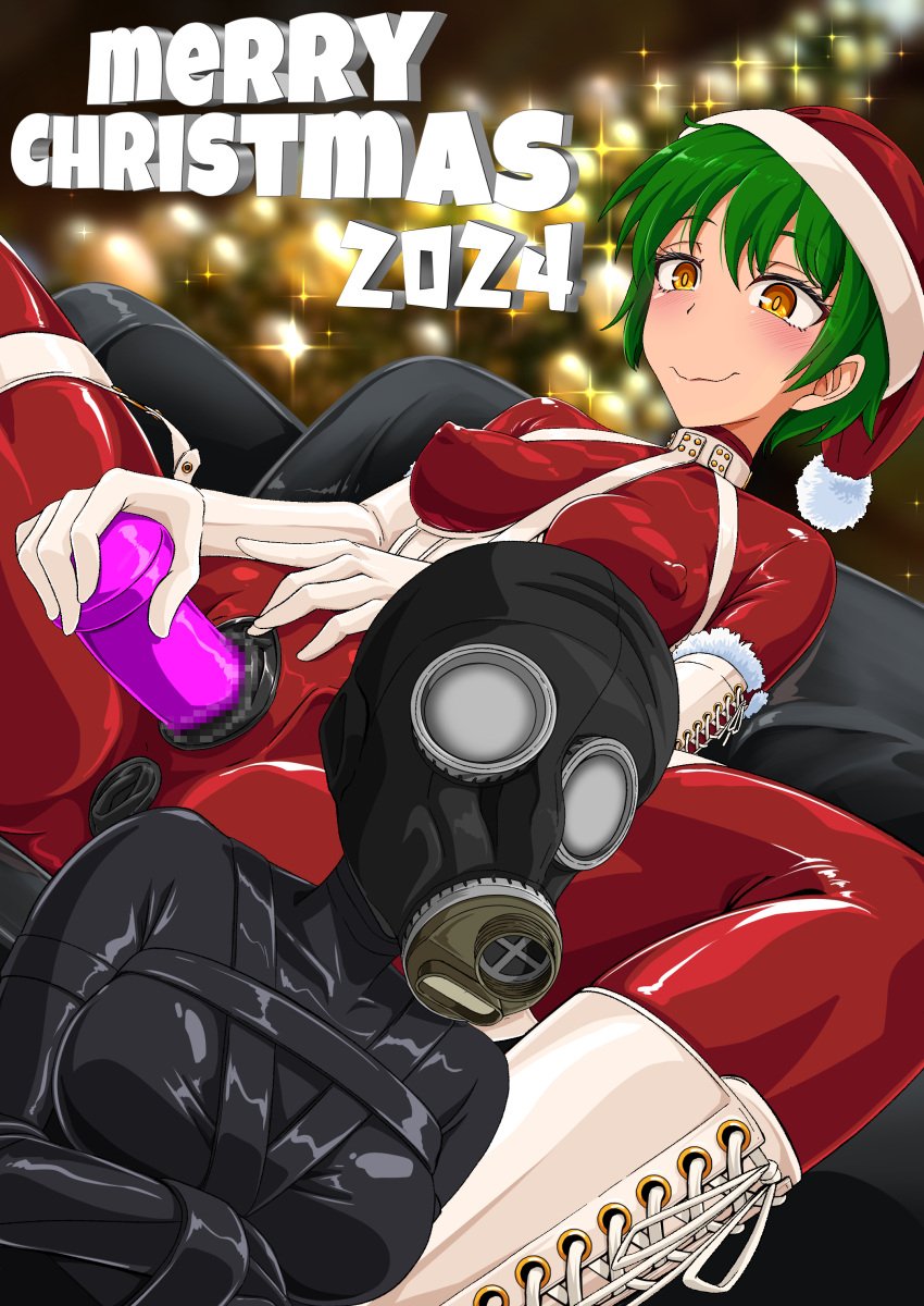 2girls absurdres bodysuit bondage bound bound_arms breasts censored christmas corset couch covered_nipples dildo elbow_gloves fur_trim gas_mask gloves green_hair hat highres latex latex_bodysuit mask medium_breasts merry_christmas mosaic_censoring multiple_girls object_insertion orange_eyes original red_bodysuit santa_costume santa_hat sex_toy shiny_clothes short_hair straitjacket tamakko vaginal_object_insertion vaginal_penetration variant_set very_short_hair wavy_mouth