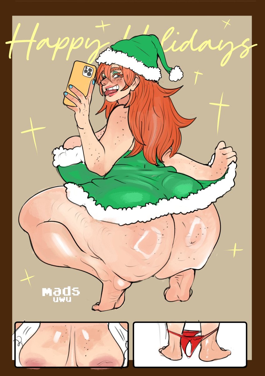 1girls absurd_res ass big_ass big_breasts bottomless christmas chubby chubby_female fat_ass female female_only freckles happy_holidays long_hair looking_at_viewer madsuwu misahero99 orange_hair panties_down phone santa_costume santa_hat selfie smirk solo squatting tiptoes