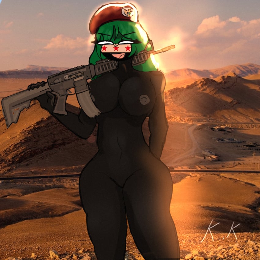 areolae assault_rifle beret big_breasts big_thighs countryhumans countryhumans_girl desert female_only happy_female holding_weapon kingkokoko35 syria_(countryhumans)