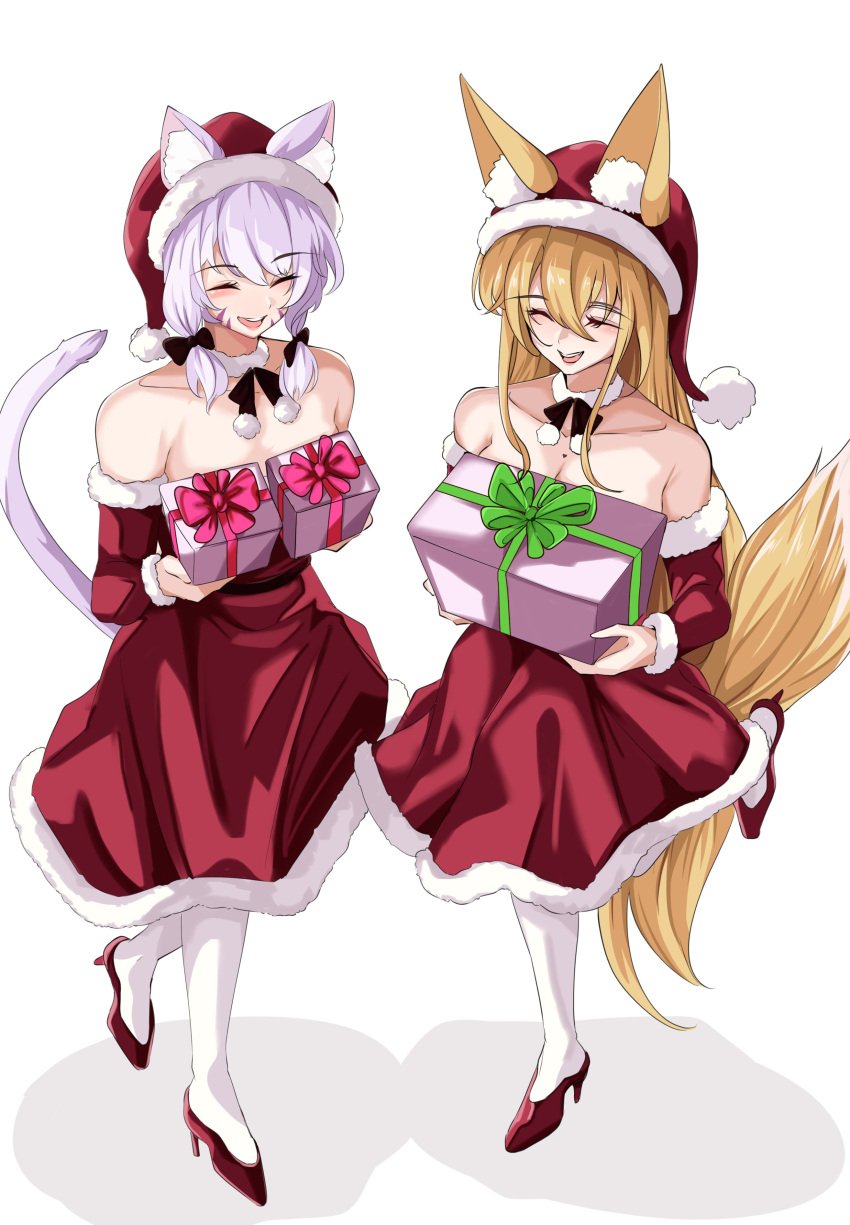 2girls :d ^_^ animal_ears bag bangs bare_shoulders bell blonde_hair blush bow box braid breasts cat_ears choker christmas cleavage closed_eyes collar collarbone detached_collar detached_sleeves dress eyebrows_visible_through_hair facing_viewer fox_ears full_body fur-trimmed_dress fur-trimmed_headwear fur-trimmed_sleeves fur_trim gift gift_box gradient_hair hair_between_eyes hat heart high_heels holding holding_gift long_hair medium_breasts merry_christmas multicolored_hair multiple_girls oerba_yun_fang open_mouth pantyhose purple_hair red_dress red_footwear red_headwear sack santa_costume santa_hat shoes silver_hair simple_background smile squchan_(vtuber) standing strapless strapless_dress striped tail very_long_hair virtual_youtuber vyugen white_background white_legwear