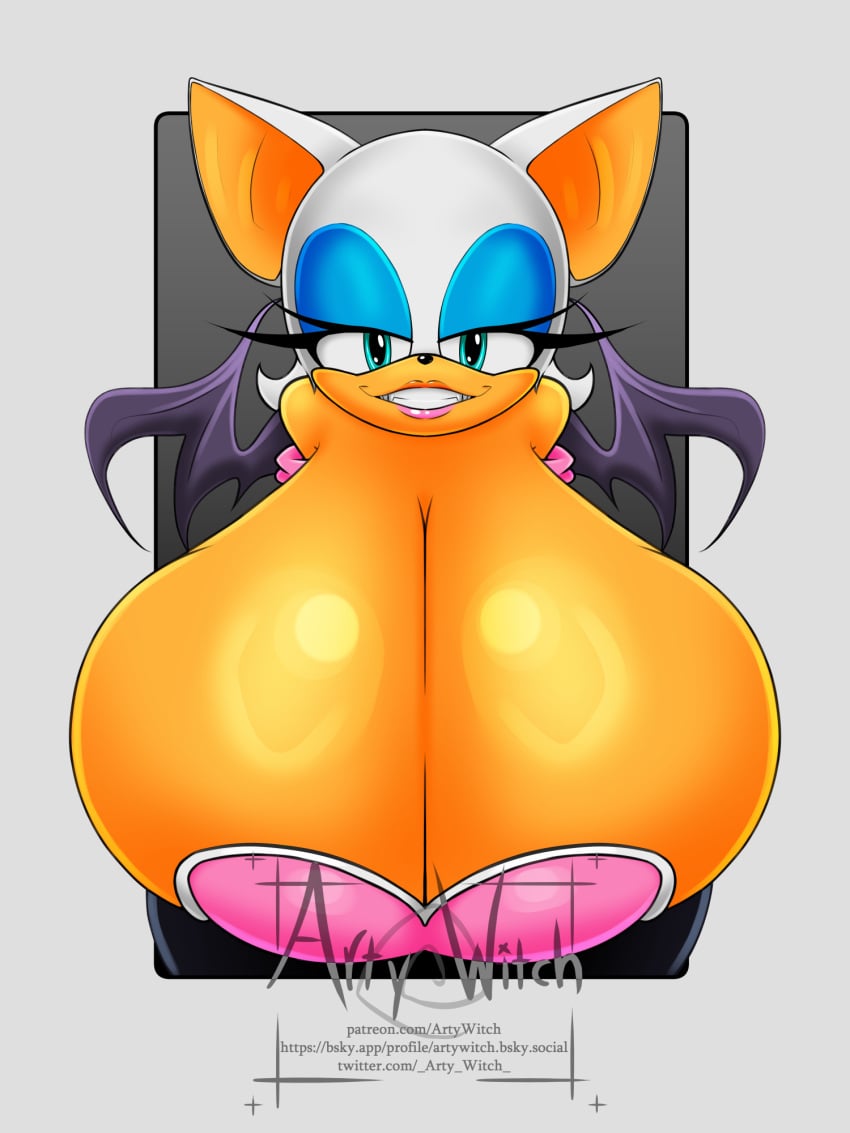 3:4 anthro artywitch bat big_breasts breasts cleavage clothed clothing fangs hi_res huge_breasts mammal rouge_the_bat sega sonic_(series) sonic_the_hedgehog sonic_the_hedgehog_(series) teeth text url