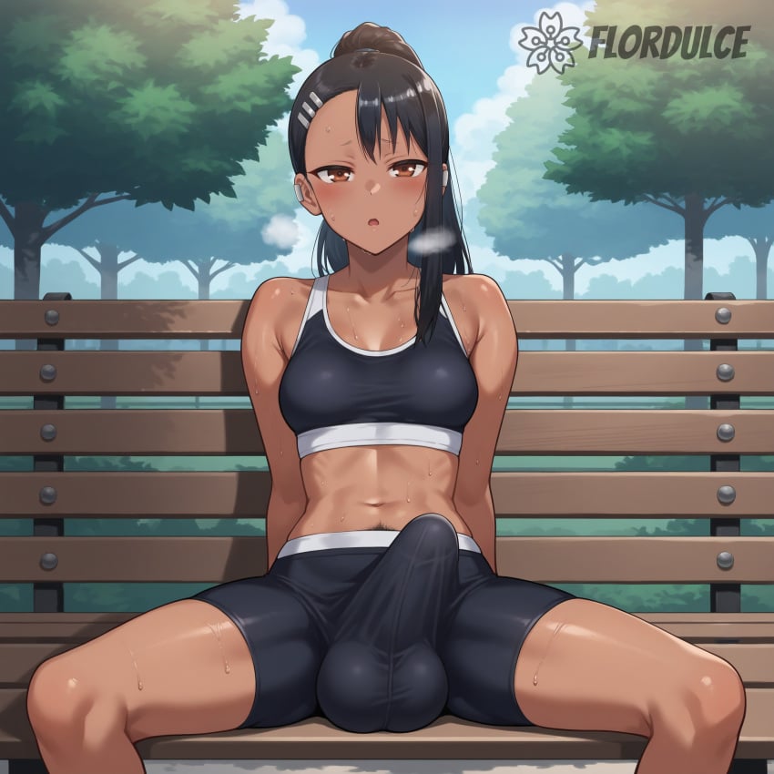 1futa ai_generated balls bench black_hair brown_eyes covered_penis erect_penis erection erection_under_clothes erection_under_clothing flordulce futa_only futanari hayase_nagatoro long_hair outdoors park park_bench penis please_don't_bully_me,_nagatoro ponytail pubic_hair pubic_hair_peek shorts sitting sports_bra spread_legs testicles