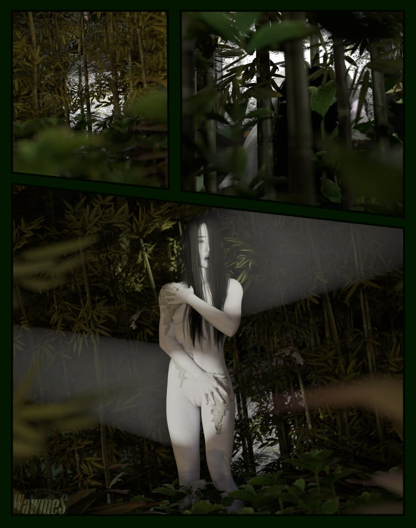 3d blender comic comic_panel covering covering_breasts covering_crotch covering_self dead_by_daylight jungle public_exposure public_indecency public_nudity sadako_yamamura wawmes yamamura_sadako