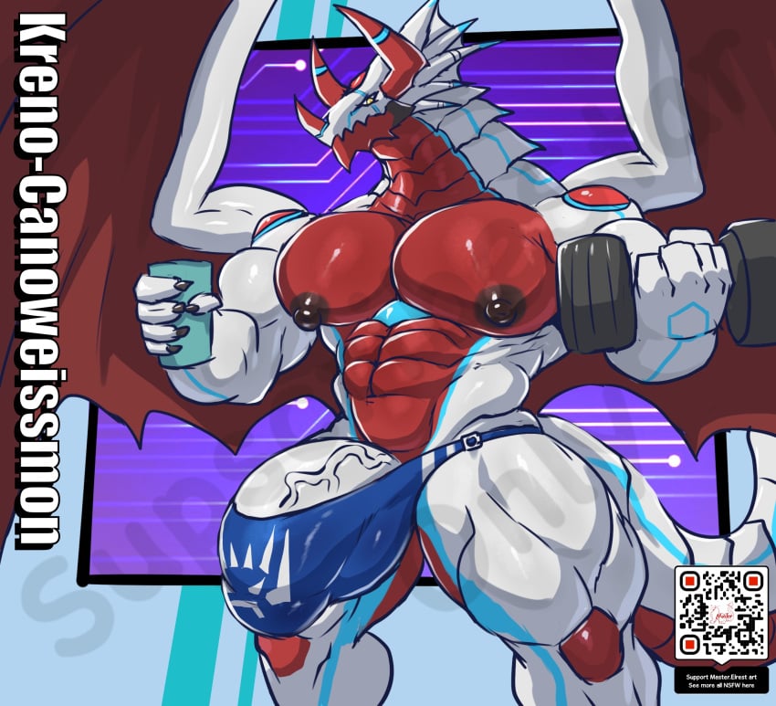 5_fingers abs anthro areola bandai_namco big_penis biped canoweissmon claws countershade_face countershade_neck countershade_tail countershade_torso countershading digimon digimon_(species) exercise fingers genitals hi_res horn huge_cock male masterelrest muscular muscular_anthro muscular_male nipples pecs penis qr_code red_body red_countershading scalie solo tail vein veiny_penis weightlifting white_body wings workout