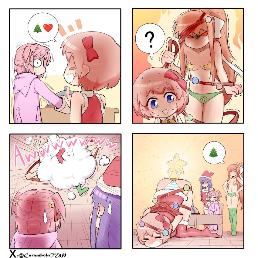 4_panel_comic breasts carambolatup christmas comic doki_doki_literature_club holidays long_hair monika_(doki_doki_literature_club) motion_lines natsuki_(doki_doki_literature_club) nipple_bulge panties pink_hair sayori_(doki_doki_literature_club) text yuri_(doki_doki_literature_club)