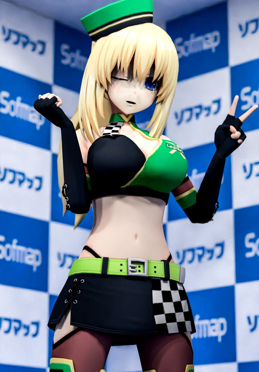 1girls 3d arms_up big_breasts blonde_hair blue_eyes breasts busty cleavage female female_only fingerless_gloves gloves hi_res large_breasts legs long_hair looking_at_viewer midriff navel neptunia_(series) one_eye_closed open_mouth race_queen skirt smile tank_top thighs thong v vert voluptuous whale_tail wink