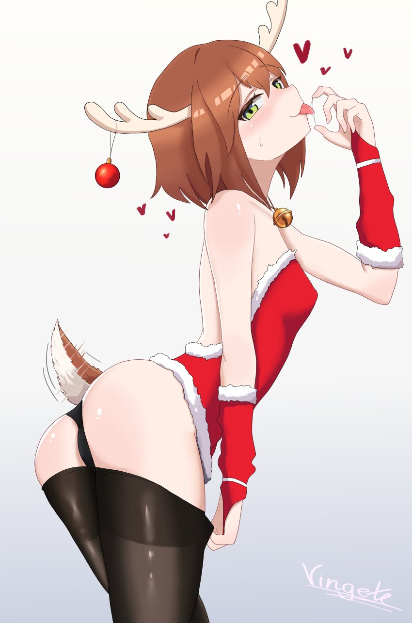 1girls ass bell bell_accessory black_panties blush brown_hair christmas christmas_outfit deer_girl deer_horns deer_tail green_eyes heart horny horny_female looking_at_viewer my_deer_friend_nokotan panties saliva saliva_trail shikanoko_noko shikanoko_nokonoko_koshitantan small_breasts tail tongue tongue_out undressing vingete wagging_tail