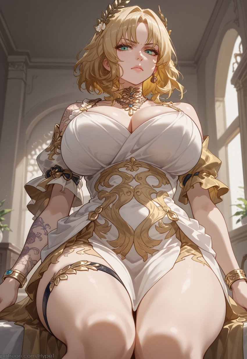 aglaea_(honkai:_star_rail) ai_generated big_breasts blonde_hair greek_clothes honkai:_star_rail hypet shiny shiny_skin short_hair tagme thick thick_ass thick_legs thick_thighs thighhighs thighs video_game_character wide_hips