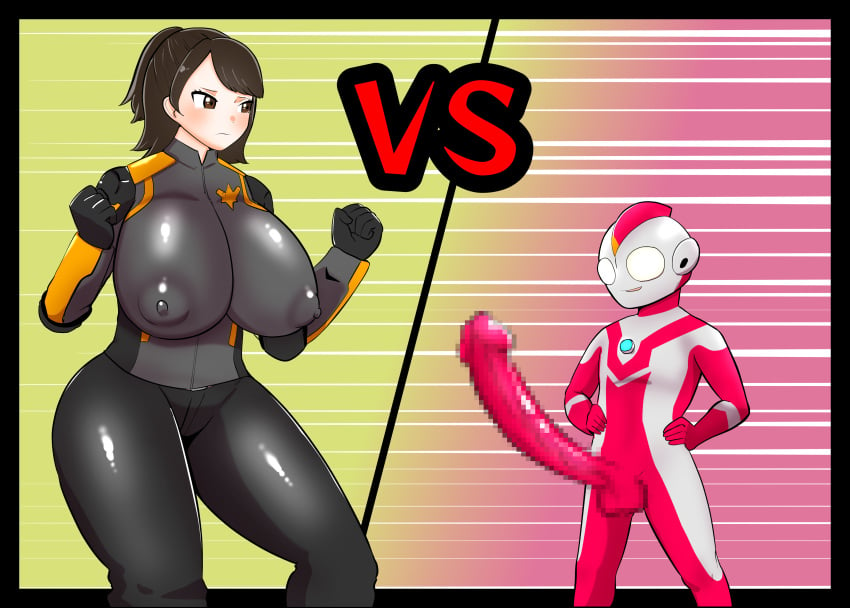 asian asian_female brown_hair censored creople erect_nipples female fight fighting_pose fighting_stance gloves kirino_ichika large_breasts large_penis ponytail size_difference thick_thighs ubikitas ultraman_(franchise) ultraman_decker uniform video_game_mechanics wide_hips