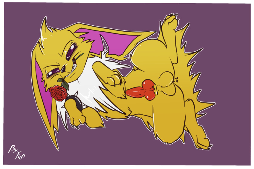 1boy animal_genitalia animal_penis canine canine_penis claws eeveelution erebus_(pokemon) erection feet feral flower_in_mouth fuf furry half-closed_eyes jolteon knot long_ears looking_at_viewer lying male male_jolteon male_only mammal mouth_hold nintendo notched_ear nude object_in_mouth on_side original_character paws penis pokémon_(species) pokemon presenting presenting_penis purple_eyes red_penis rose rose_in_mouth seductive simple_background smile solo solo_male spread_legs spreading teeth testicles text video_games white_fur yellow_fur