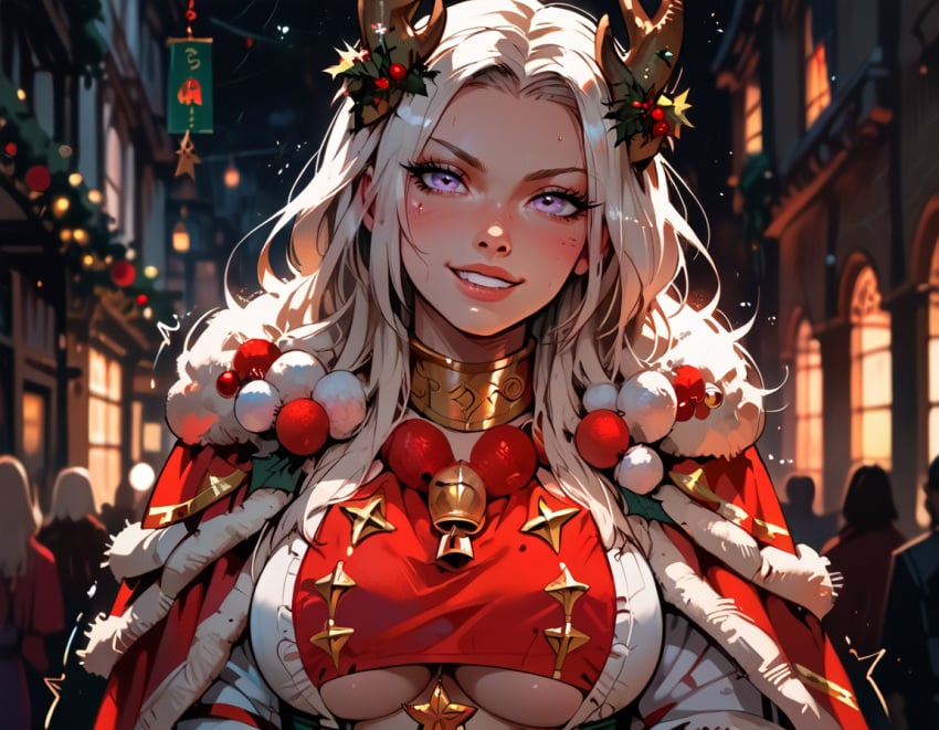 ai_generated christmas christmas_outfit edelgard_von_hresvelg edelgard_von_hresvelg_(snowfall_future) fire_emblem fire_emblem:_three_houses fire_emblem_heroes manofmidas purple_eyes underboob white_hair