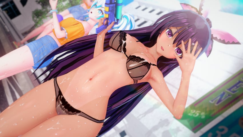 3d 3d_(artwork) belly belly_button breasts date_a_live koikatsu long_hair looking_at_viewer purple_eyes purple_hair solo solo_female tan_body tan_skin tanned tanned_female tanned_skin thighs underwear variant_set water_gun yatogami_tohka