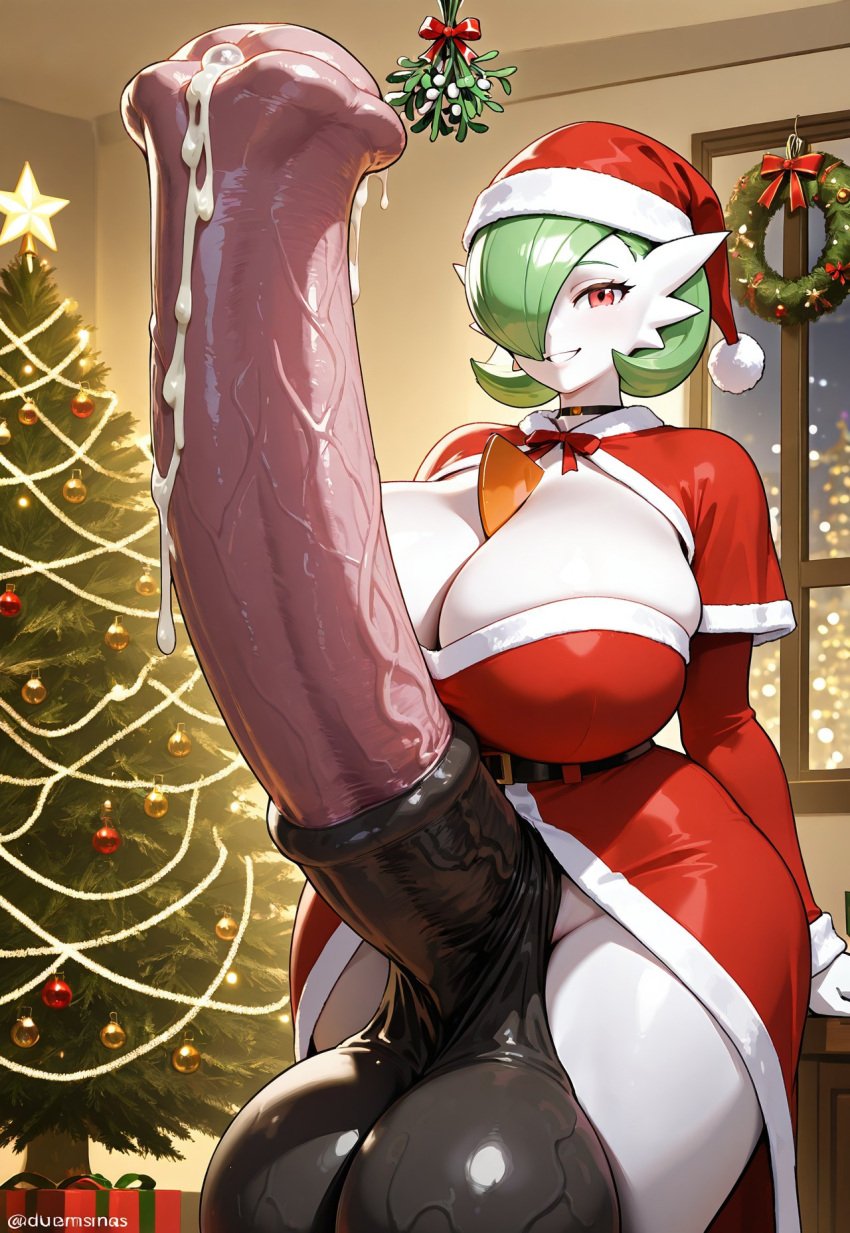 ai_generated christmas christmas_clothing christmas_outfit christmas_present christmas_tree cum cum_on_penis futa_only futanari gardevoir horsecock horsecock_futanari huge_balls huge_breasts huge_cock hyper_balls hyper_penis looking_at_viewer mistletoe nintendo pokemon pokemon_(species) santa_hat smiling window