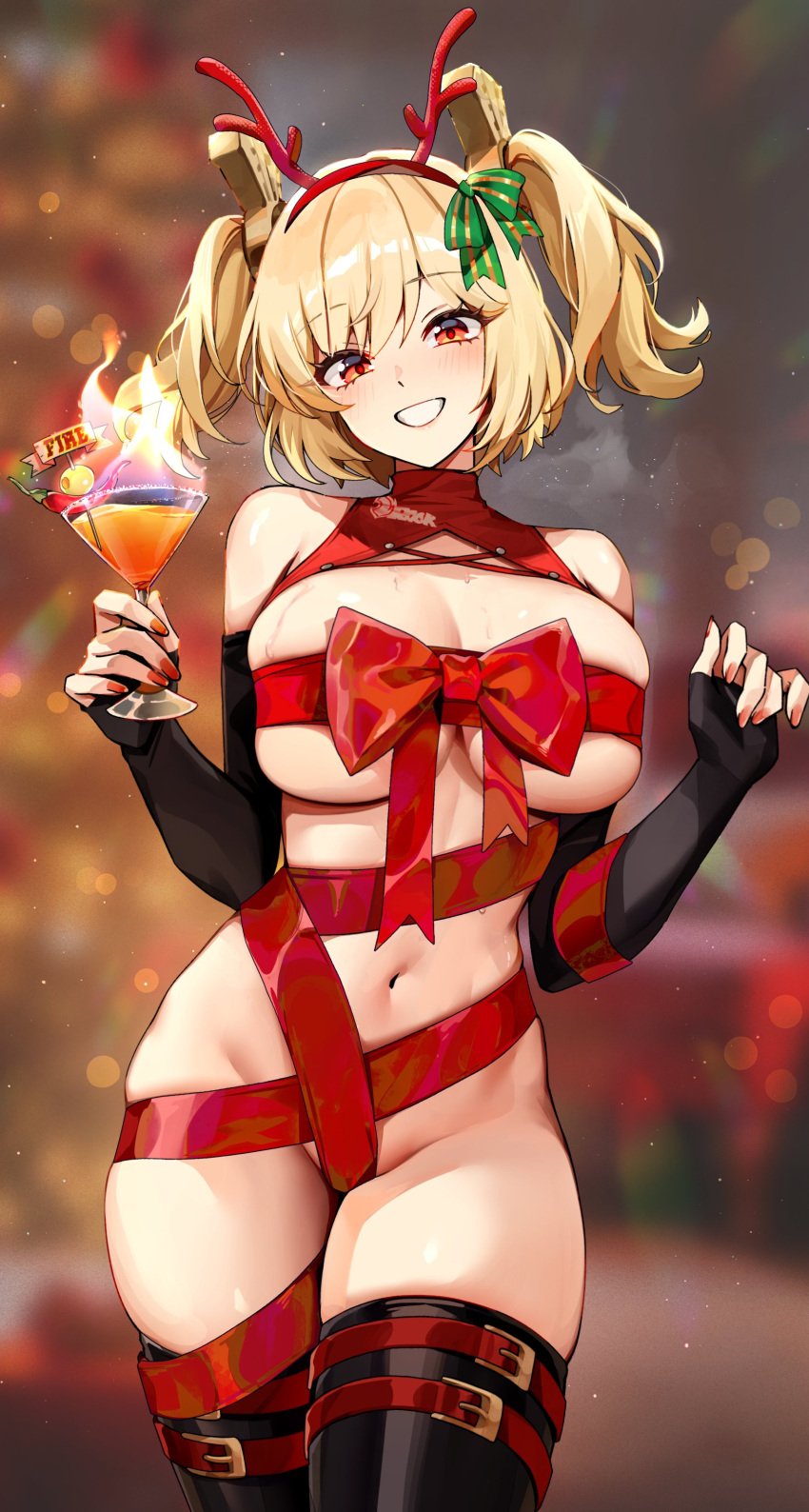 1girls blonde_hair breasts burnice_white christmas female foxyrain_(foxyreine) foxyreine hips huge_breasts long_hair thick_thighs thighs twintails wide_hips zenless_zone_zero