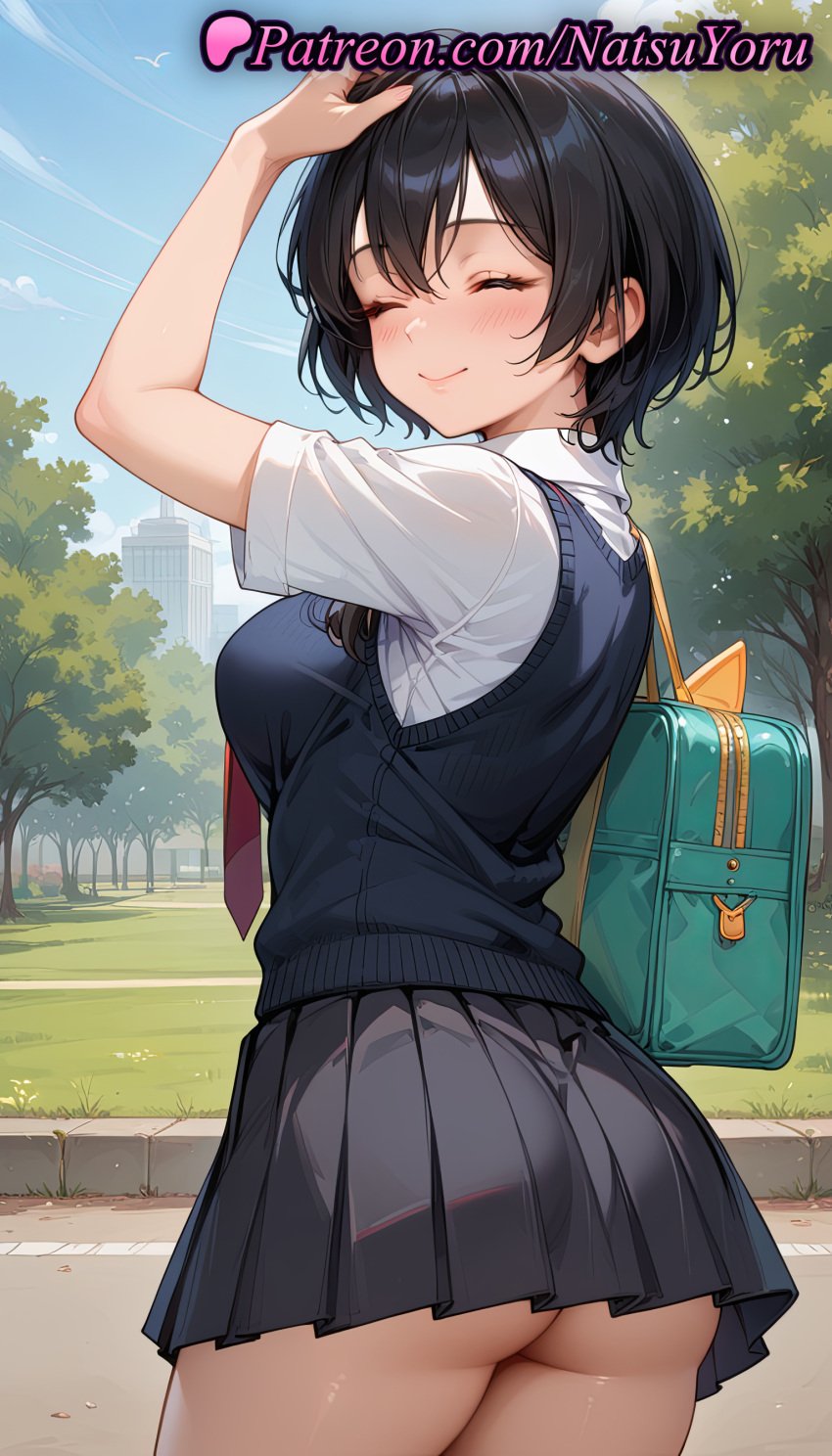 1girls ai_generated anime anime_style arm_up arms_up asian ass backpack bag bangs black_hair black_skirt black_sweater_vest black_vest blouse blue_sky blue_sweater_vest blush bookbag breasts building bust busty closed_eyes closed_mouth collared_shirt cowboy_shot day facing_viewer female female_focus female_only from_behind hentai juicy_butt large_breasts lips marvel marvel_comics medium_breasts miniskirt natsuyoru necktie no_panties oshiri outdoors park peni_parker pleated_skirt red_necktie school_bag school_uniform shirt short_hair short_sleeves skirt sky sleeveless_sweater smile solo solo_female standing sweater_vest thighs tree underbutt vest voluptuous voluptuous_female white_shirt