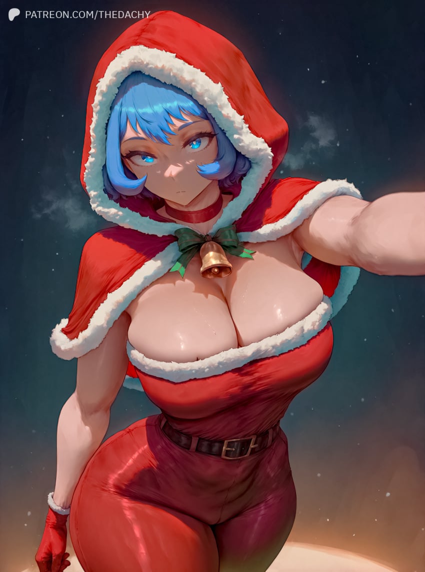 1girls ai_generated belt big_ass big_breasts blue_eyes blue_hair bra breasts choker christmas christmas_outfit clothed clothing female female_focus female_only fit fit_femalehigh_resolution gloves highres hood large_ass large_breasts muscular my_hero_academia nejire_hado selfie short_hair simple_background skin_tight tagme thedachy thick thick_ass tight_clothing tight_fit