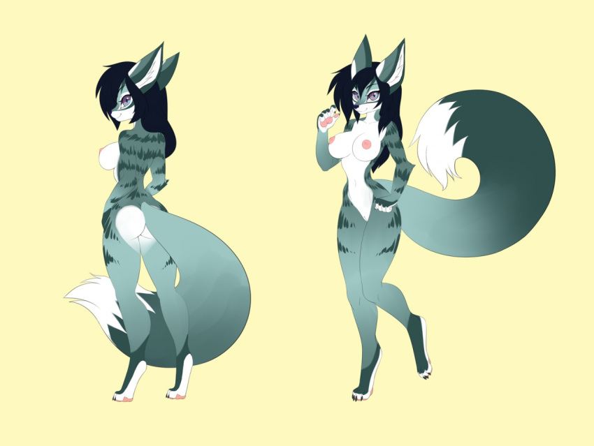 ass black_hair breasts canine fan_character female front_view fur green_fur hair hands_on_hips long_hair looking_at_viewer looking_back mammal nipples nude pawpads pussy raised_tail sm0shy smile solo standing stripes trish_eledon_(character) white_fur wolf