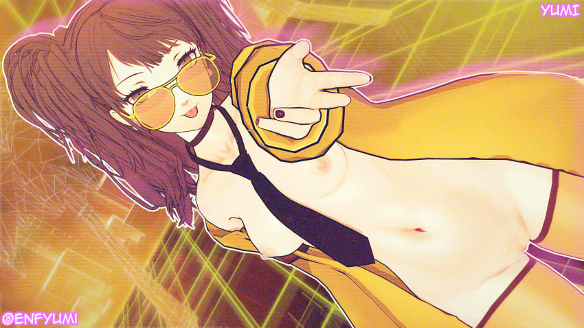 1girl :p atlus aviator_sunglasses breasts brown_eyes brown_hair choker coat dutch_angle jacket kujikawa_rise long_hair looking_at_viewer looking_over_eyewear looking_over_sunglasses medium_breasts nail_polish naked_coat navel necktie nipples open_clothes orange_thighhighs persona persona_4 pussy retro retrowave small_breasts smile solo sunglasses thighhighs tinted_eyewear tongue tongue_out twintails uncensored yellow_thighhighs yumi_(artist)