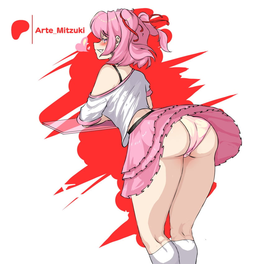 1female 1girls artemitzuki_(artist) ass butt doki_doki_literature_club natsuki_(doki_doki_literature_club) panties pink_eyes pink_hair pink_skirt skirt