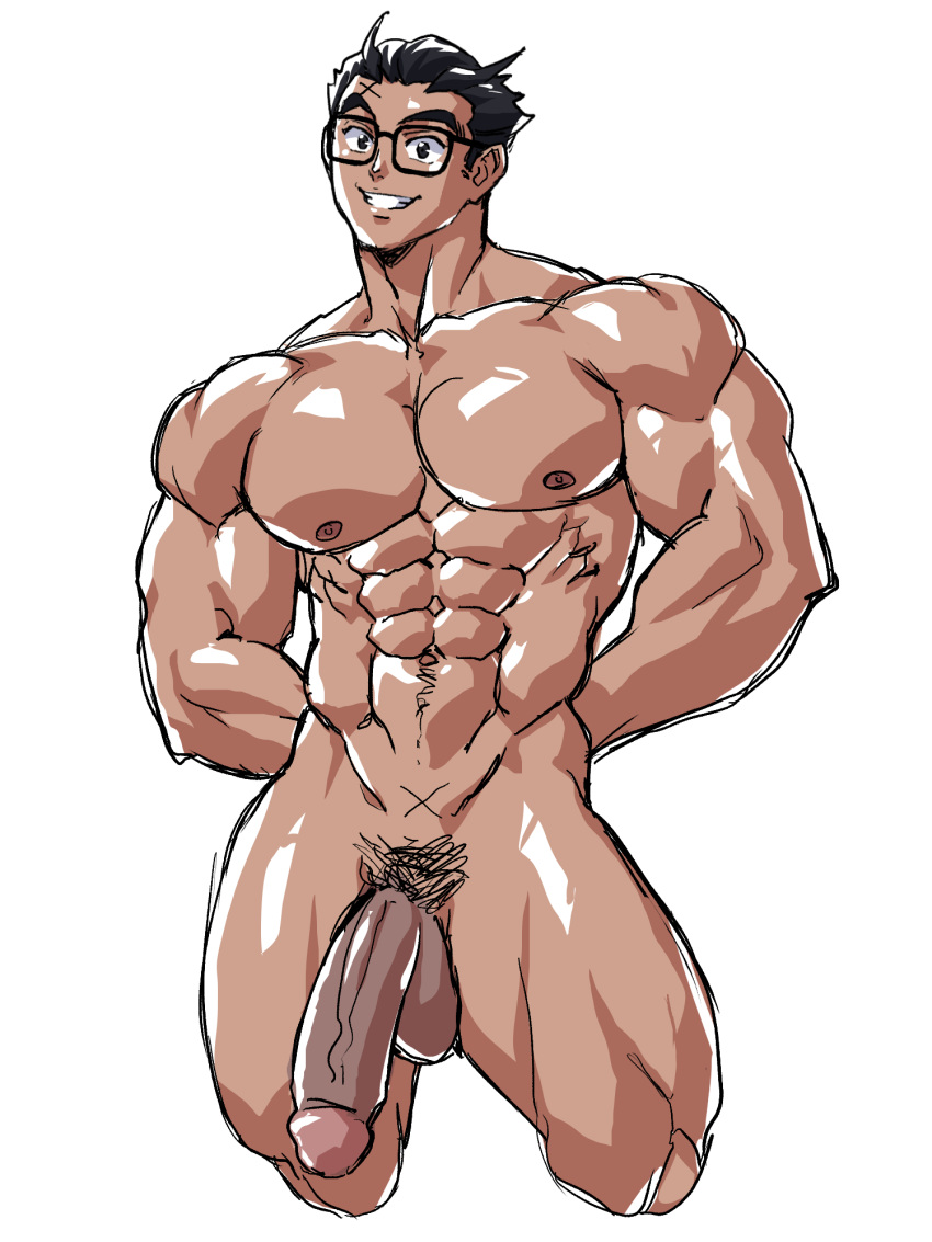 1boy 2023 balls bara bara_tits barazoku big_balls big_penis completely_nude gay hairy_male half-erect hi_res highres ichan male male_focus male_nipples male_only male_pubic_hair manly muscular_male nipples nude penis solo solo_male yaoi