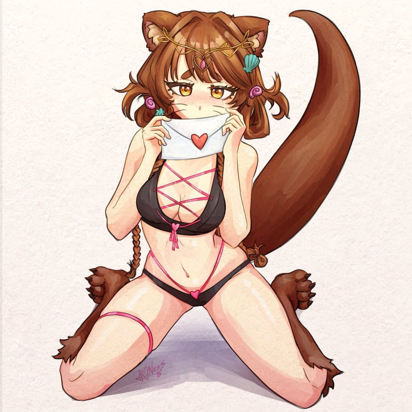 1girls animal_ears belly_button big_breasts bikini black_bikini blush breasts brown_hair female female_only indie_virtual_youtuber letter lewd_nessie light-skinned_female light_skin looking_at_viewer love_letter nose_blush otter_ears otter_girl otter_tail swimsuit tail valentine&#039;s_day virtual_youtuber yellow_eyes yukaa_(vtuber)