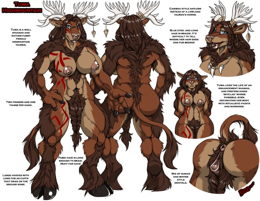 2017 animal_genitalia animal_pussy anthro antlers anus areola armpit_hair ass big_breasts blue_eyes body_hair bovine braided_pubes braided_pubic_hair breasts brown_fur brown_hair ear_piercing english_text equine_pussy female fenrir_lunaris fur furry hair hooves huge_breasts looking_at_viewer mammal model_sheet muscular muscular_female navel nipples nude open_mouth piercing pink_nipples pubes pubic_hair pussy raised_tail signature solo tauren tauren_female text tribal tuwa_highmountain video_games warcraft