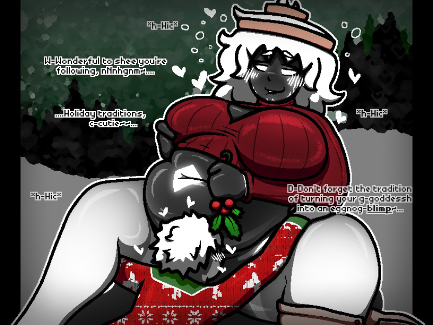 anon bbw big_belly big_breasts black_body breasts christmas_outfit chubby dialogue female huge_breasts original_character red_clothing sinflative snow thick_thighs white_eyes wide_hips