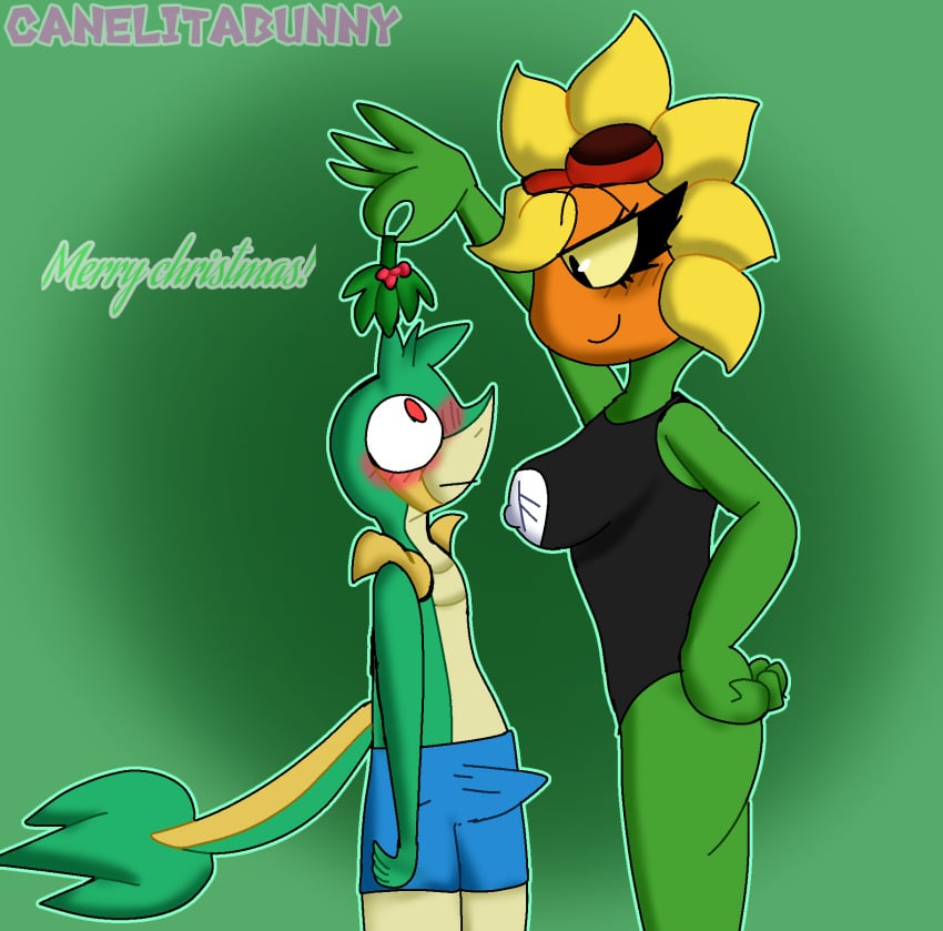 anthro bad_anatomy blush canelitabunny christmas erection female male mistletoe nintendo pillow_shading plantie plants_vs_zombies plants_vs_zombies:_heroes pokémon_(species) pokemon pokemon_(species) questionable_consent snivy solar_flare_(pvz) straight