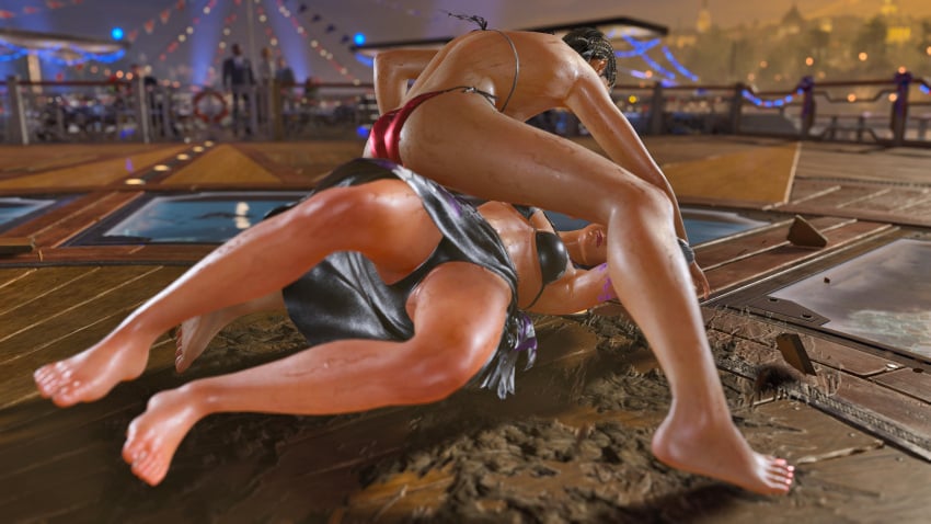 2d azucena_milagros_ortiz_castillo bandai_namco bikini egyptian egyptian_female female female/female female_focus female_only interracial peruvian peruvian_female ryona tekken tekken_8 upskirt upskirt_photo upskirt_view wet wet_body wet_skin zafina_(tekken)