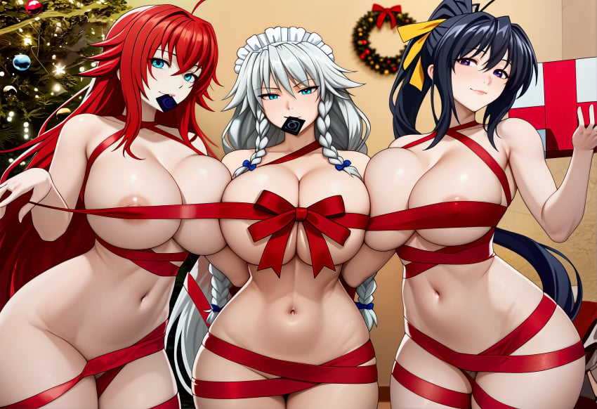 3girls ai_generated akeno_himejima breasts christmas female gener-ai grayfia_lucifuge high_school_dxd huge_breasts looking_at_viewer naked nipples rias_gremory ribbon standing