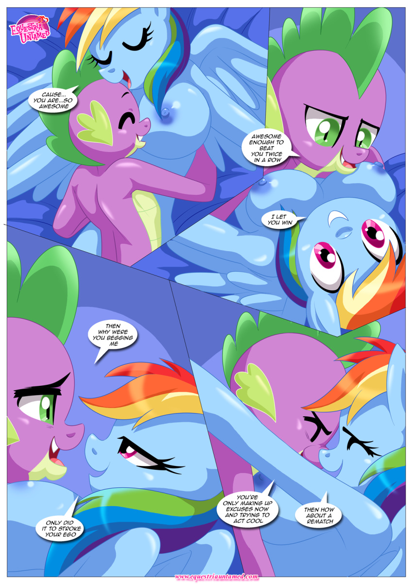 anthro bbmbbf big_breasts breast_pillow breasts equestria_untamed equine friendship_is_magic mammal my_little_pony palcomix pegasus rainbow_dash_(mlp) spike_(mlp) wings