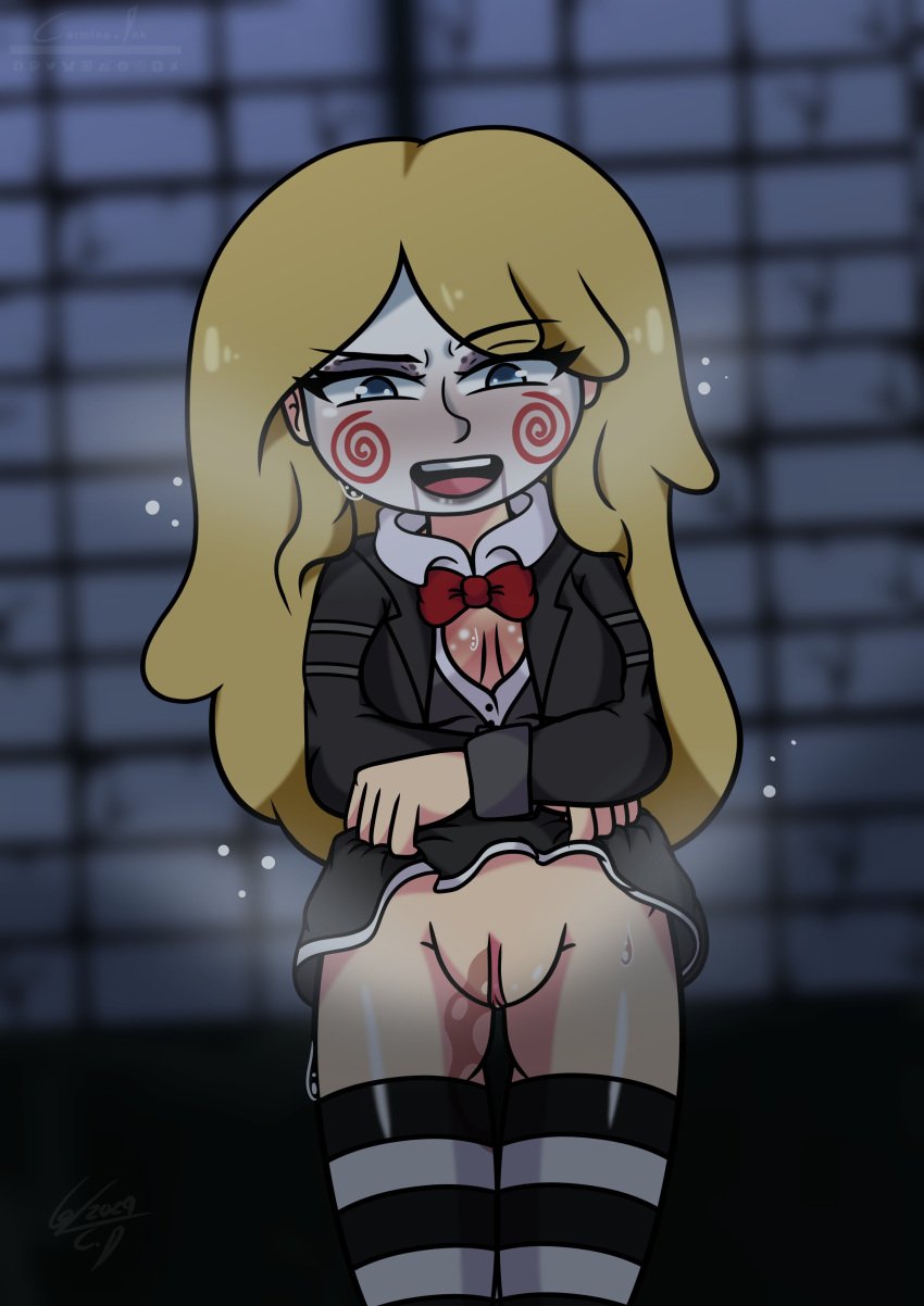 1girls blonde_female blonde_hair blonde_hair_female blue_eyes carmine_ink custom_character fnafhs fnafhsrule34 halloween joy_(fnafhs) pussy_juice showing_pussy socks stripped_socks