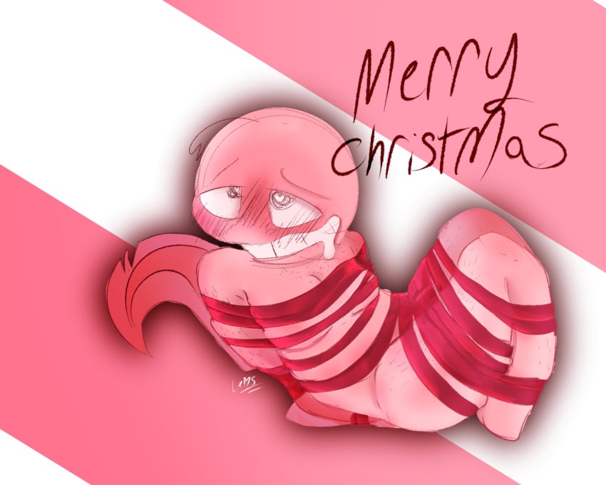 axolotl_tail blush bondage bulge bulge_under_clothes christmas drool drooling gift_wrapped one_male pim_(smiling_friends) pim_pimling restrained ribbon ribbon_bondage smiling_friends suggestive tail