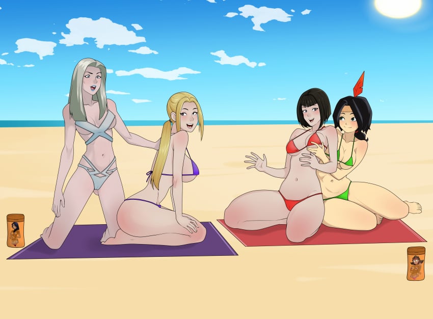 4girls anna_williams anoneysnufftan applying_sunscreen banjo-kazooie beach beach_towel bikini black_hair blonde_hair blue_eyes blush cinder_fall crossover eastern_and_western_character emma_frost female female_only hair_feather humba_wumba humiliation imminent_death killer_lotion long_hair lotion_bottle marvel massage mega_man murder native_american nina_williams peril punishment rubbing rwby sand short_hair sisters sitting sky snuff summer sunbathing swimsuit tekken towel tron_bonne x-men