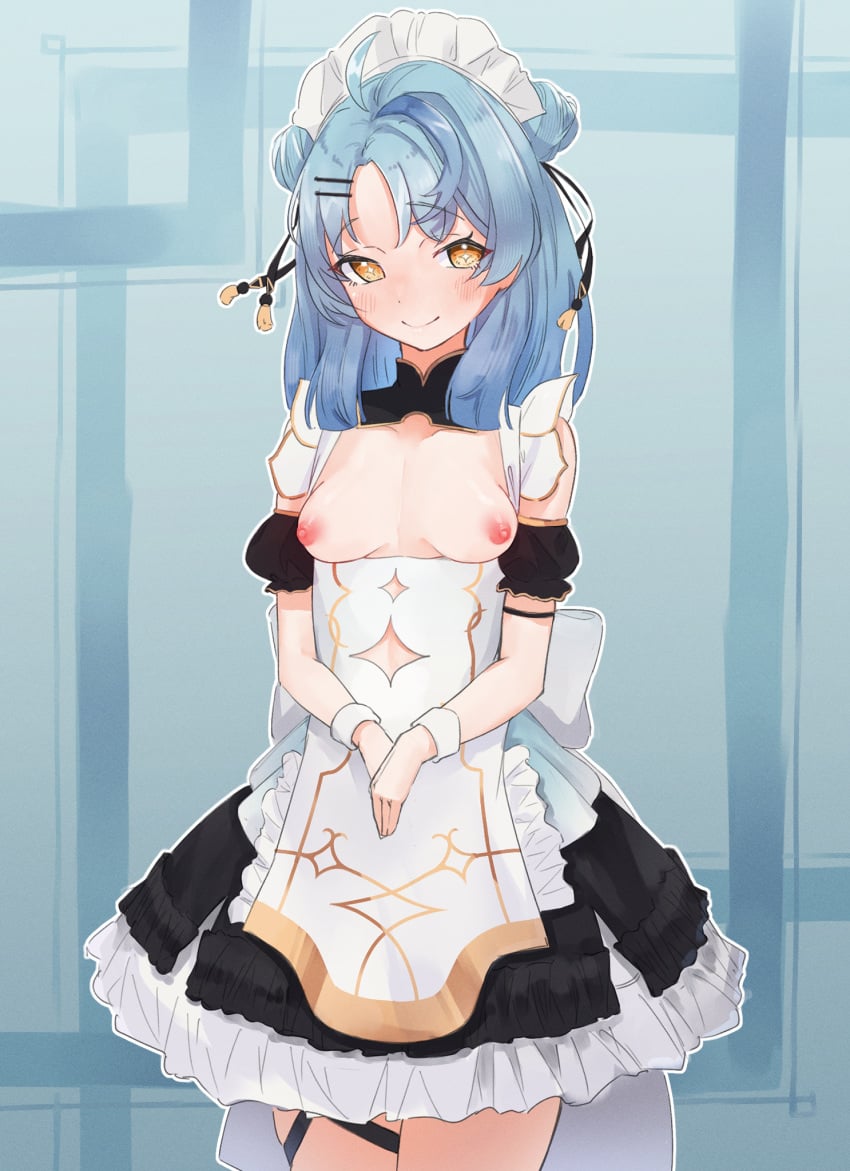 1girls blue_background blue_hair blush breasts_out dress female female_focus female_only hairclip kkillusked maid maid_headdress nijisanji nipples pink_nipples simple_background skirt small_breasts smiling solo solo_female solo_focus tamanoi_nana thick_thighs thighs unusual_pupils yellow_eyes