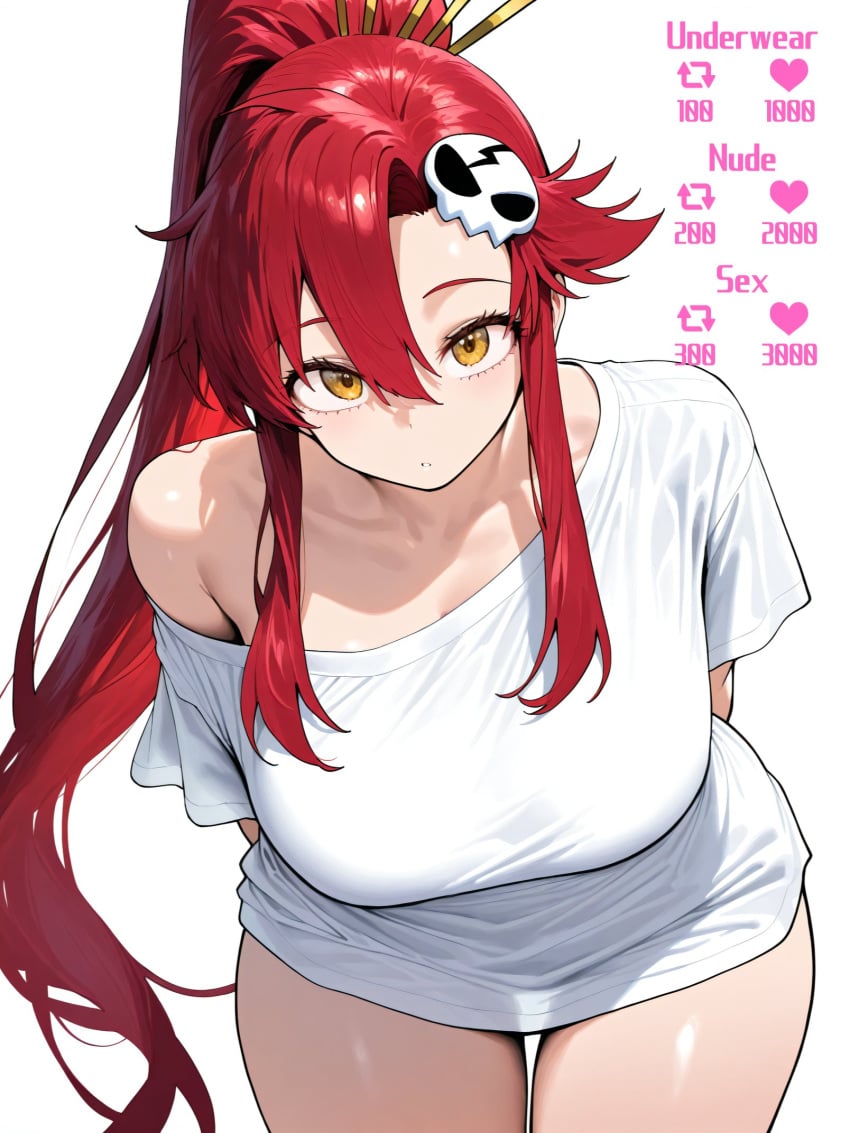 ai_generated april68th bare_legs bending_forward bending_over big_ass big_breasts long_hair looking_at_viewer red_hair selfie selfie_pose shirt_only slim_waist tengen_toppa_gurren_lagann thick thick_thighs tied_hair wide_hips yellow_eyes yoko_littner